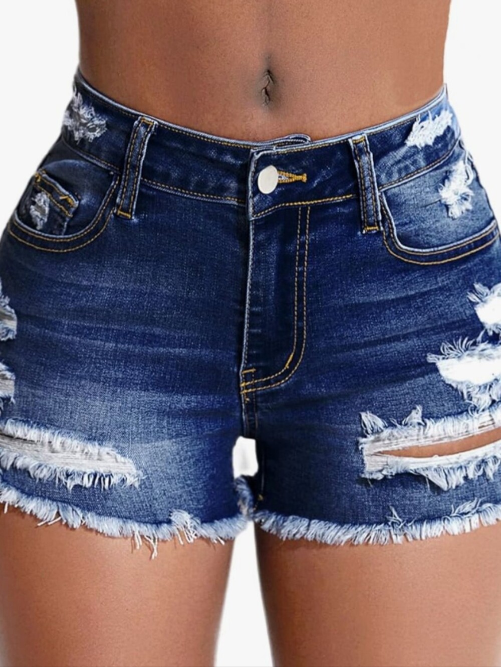 Women's Stretch Ripped Denim Shorts Mid Waist Casual Frayed Raw Hem Distressed